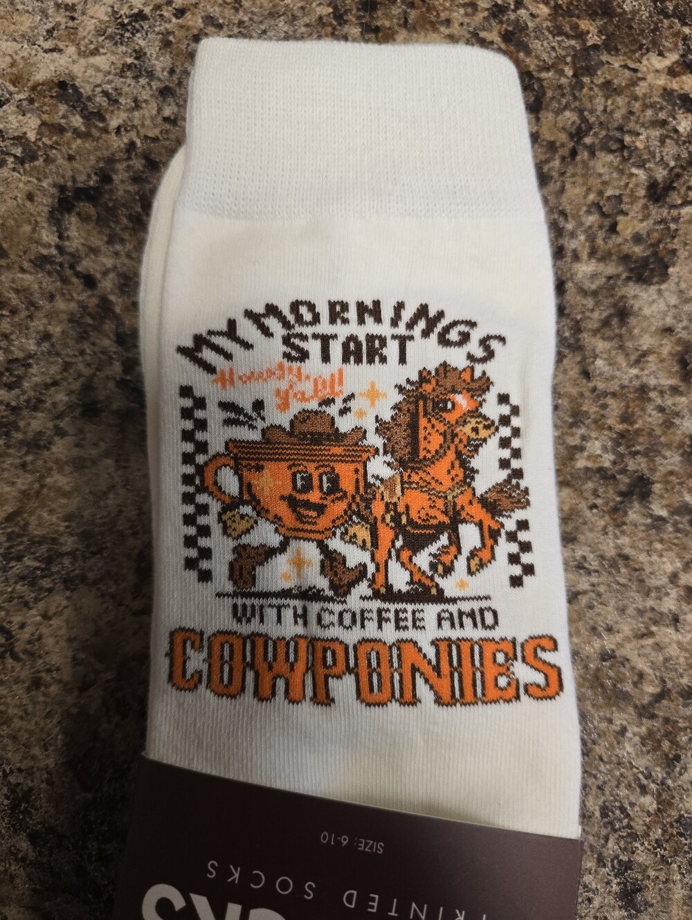 Novelty White Men's Crew Socks with Orange Cowponies Graphic